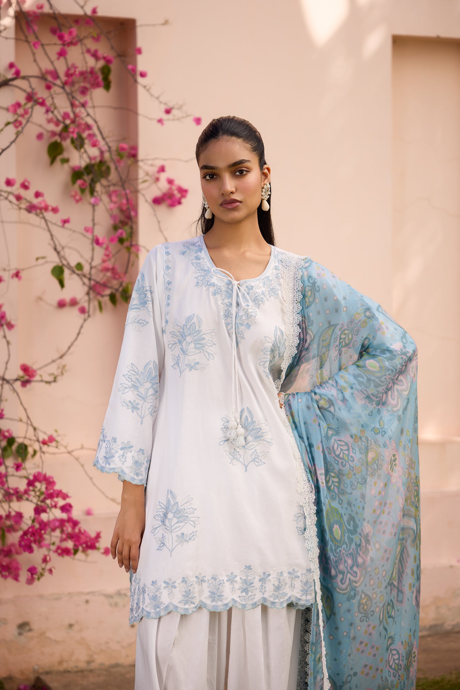 Sky White & Grey Short Cotton Aari Pheran Set with Farshi Salwar