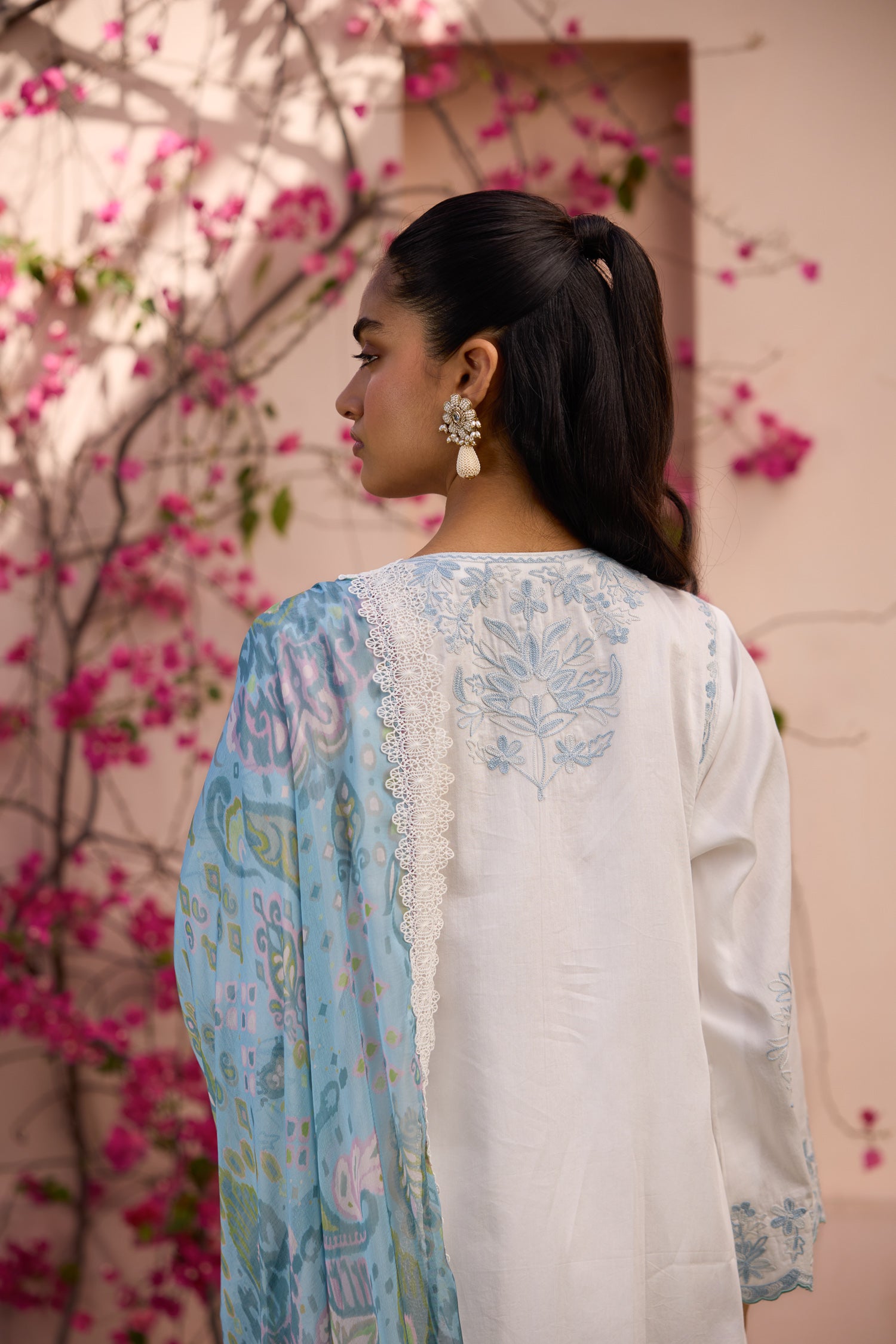 Sky White & Grey Short Cotton Aari Pheran Set with Farshi Salwar