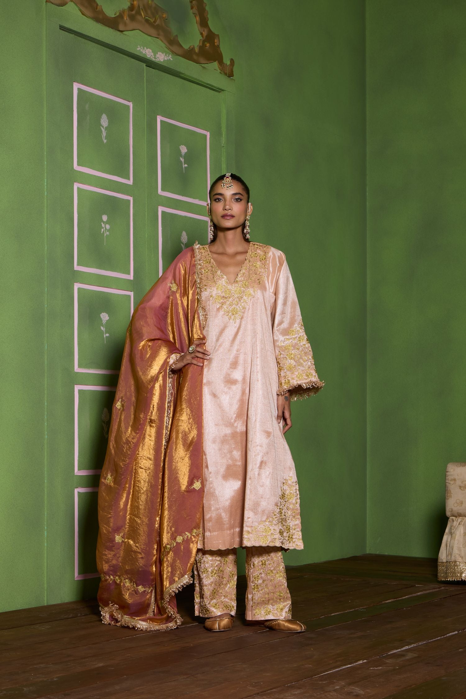 Champagne Tilla Embroidered Tissue Kurta Set with Wide Pants & Embroidered Tissue Dupatta