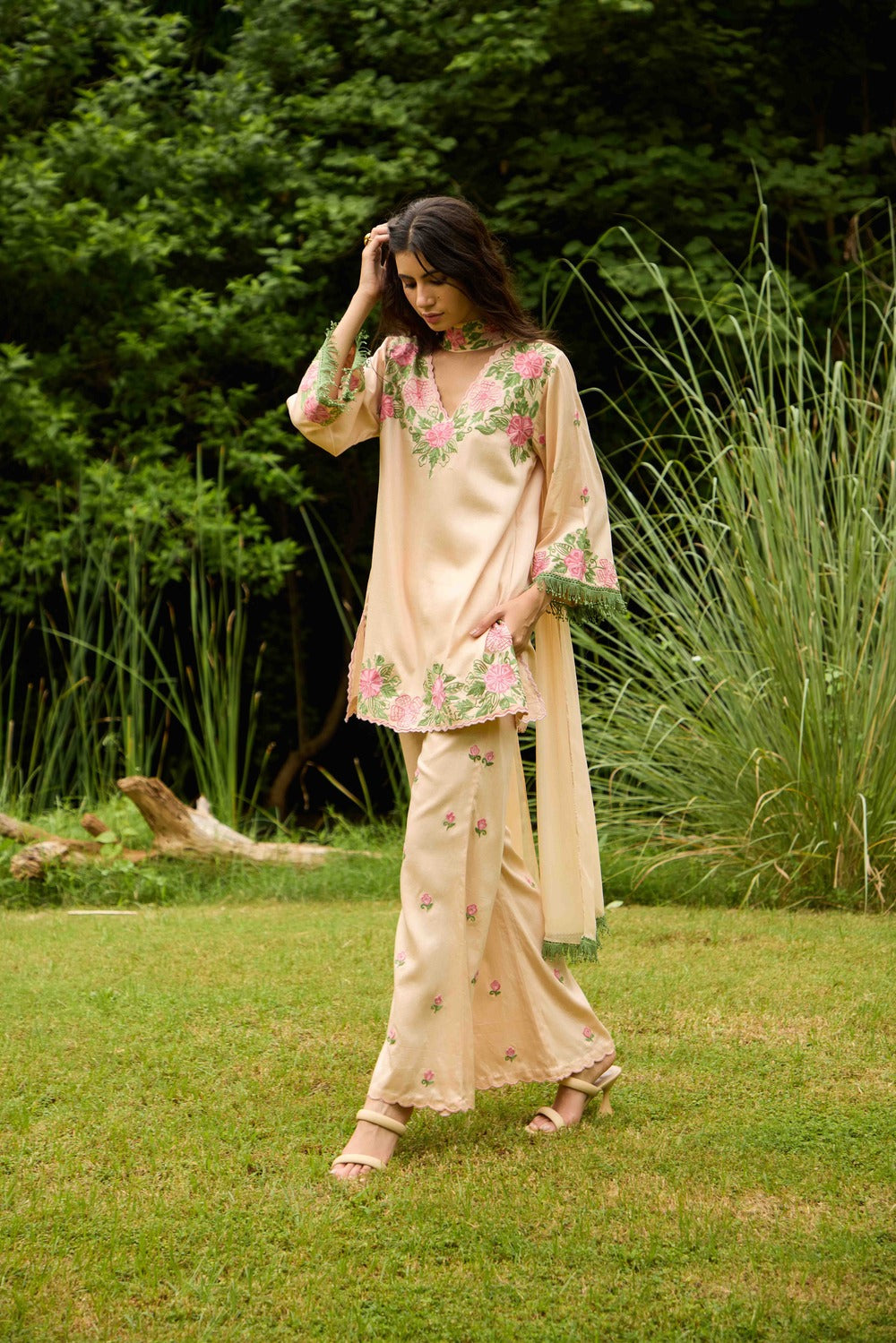 Peach & Pink Cotton Kurta Set with Embroidered Flared Pants