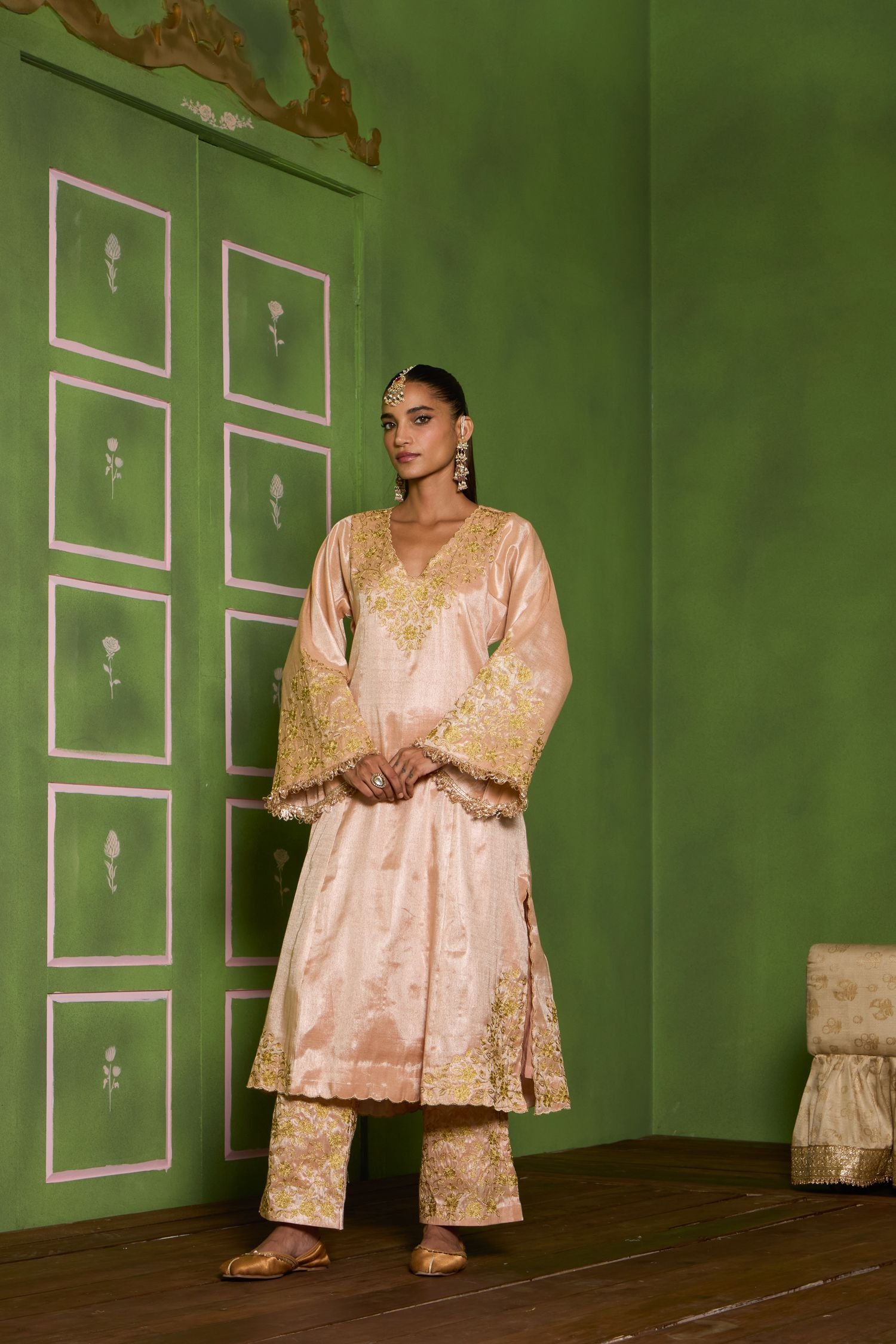 Champagne Tilla Embroidered Tissue Kurta Set with Wide Pants & Embroidered Tissue Dupatta