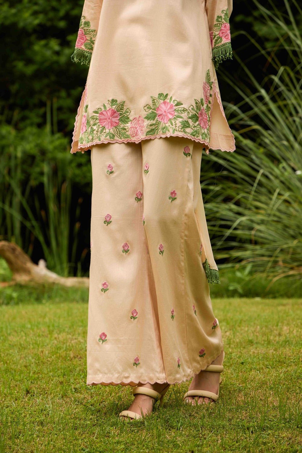 Peach & Pink Cotton Kurta Set with Embroidered Flared Pants