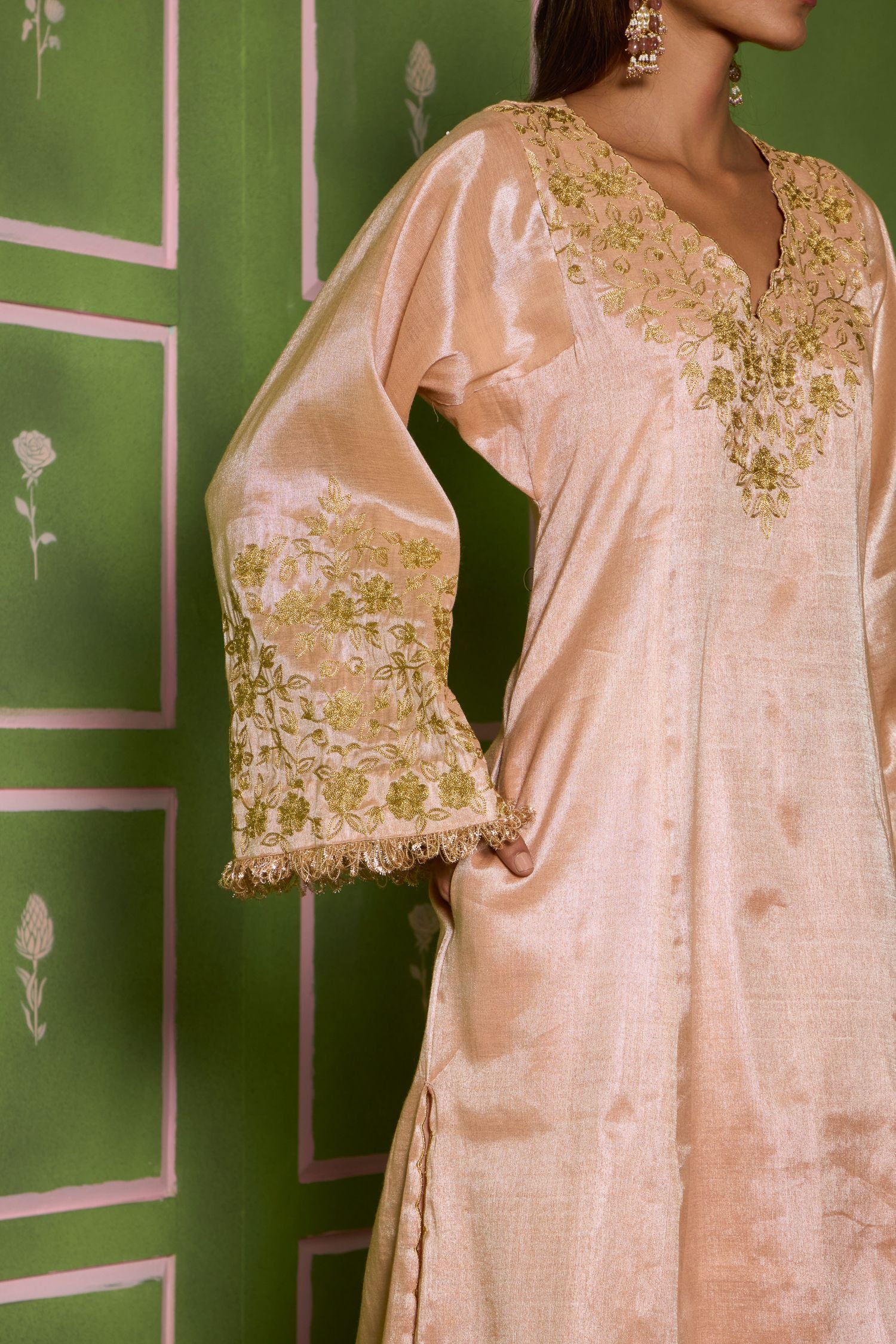 Champagne Tilla Embroidered Tissue Kurta Set with Wide Pants & Embroidered Tissue Dupatta