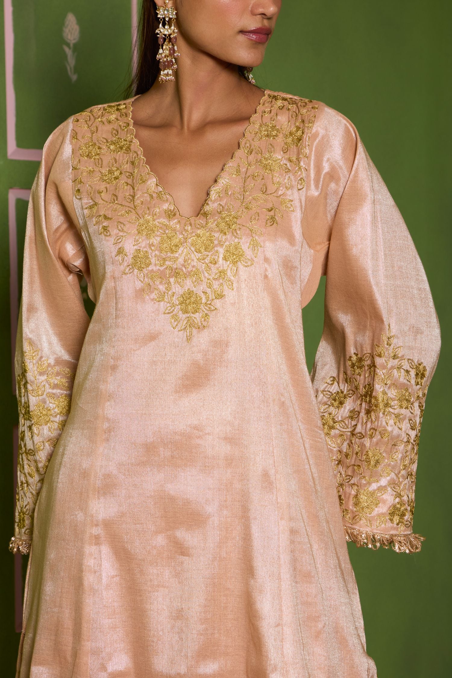 Champagne Tilla Embroidered Tissue Kurta Set with Wide Pants & Embroidered Tissue Dupatta