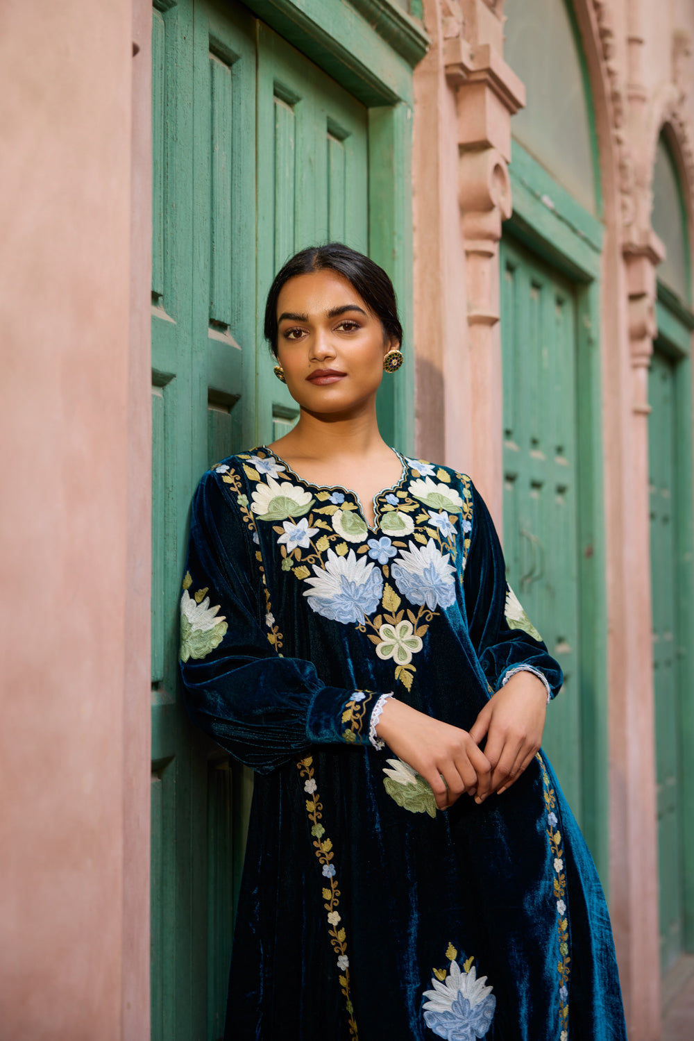 Jahanara Peacock Blue Kalidaar Silk Velvet Kurta Set