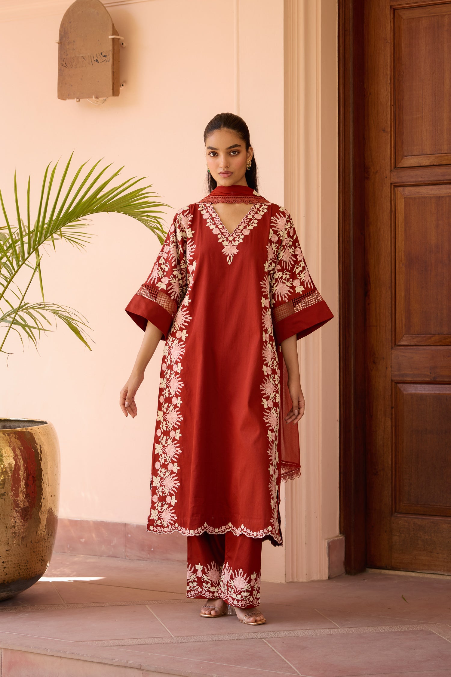 Ember Aari Cotton Kaftaan Kurta Set with Straight Pants