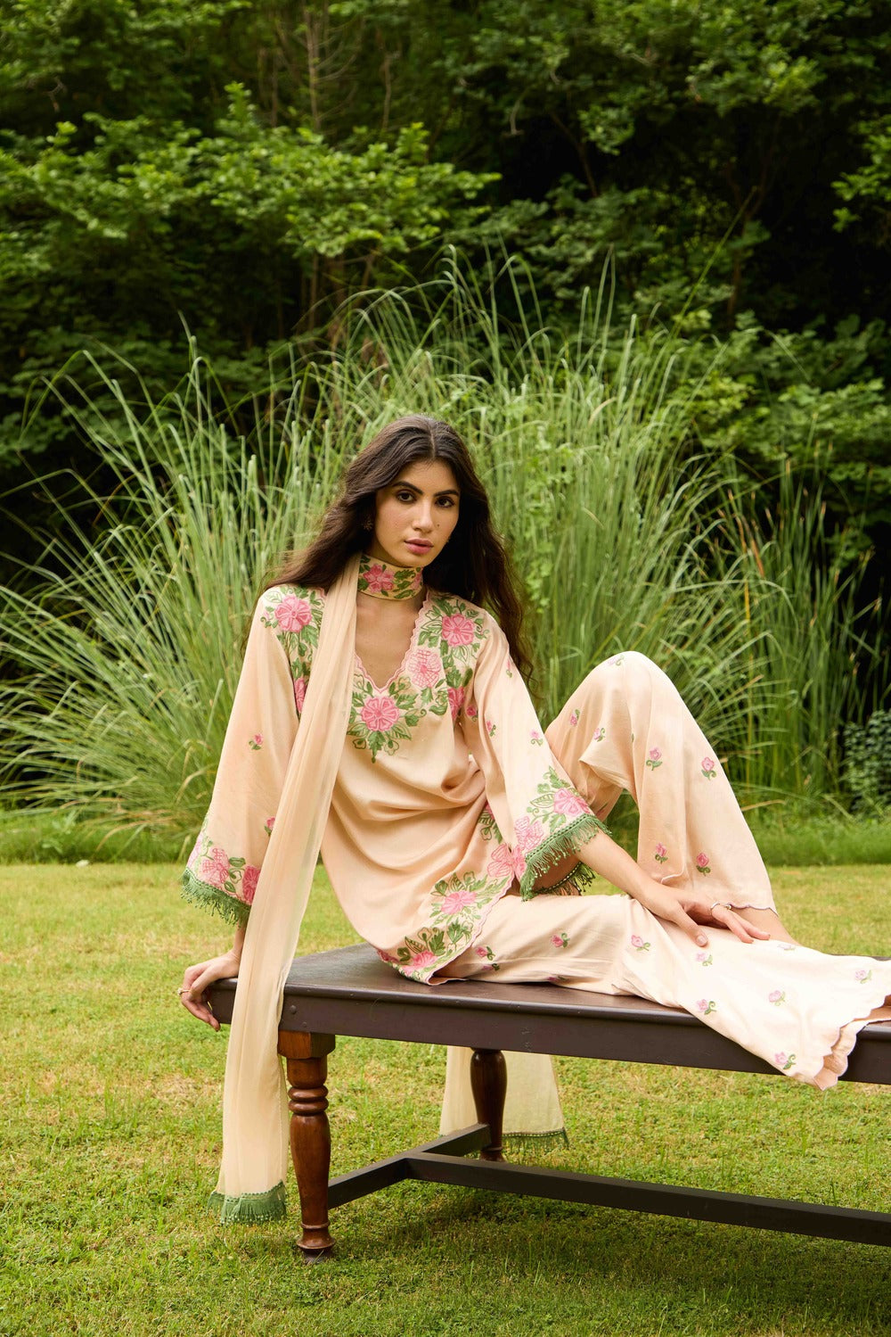 Peach & Pink Cotton Kurta Set with Embroidered Flared Pants