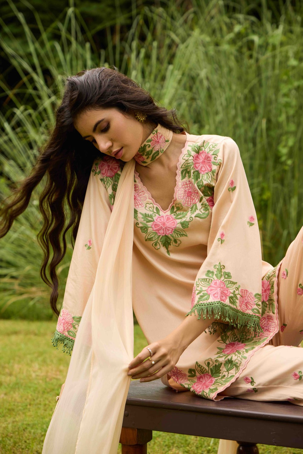 Peach & Pink Cotton Kurta Set with Embroidered Flared Pants