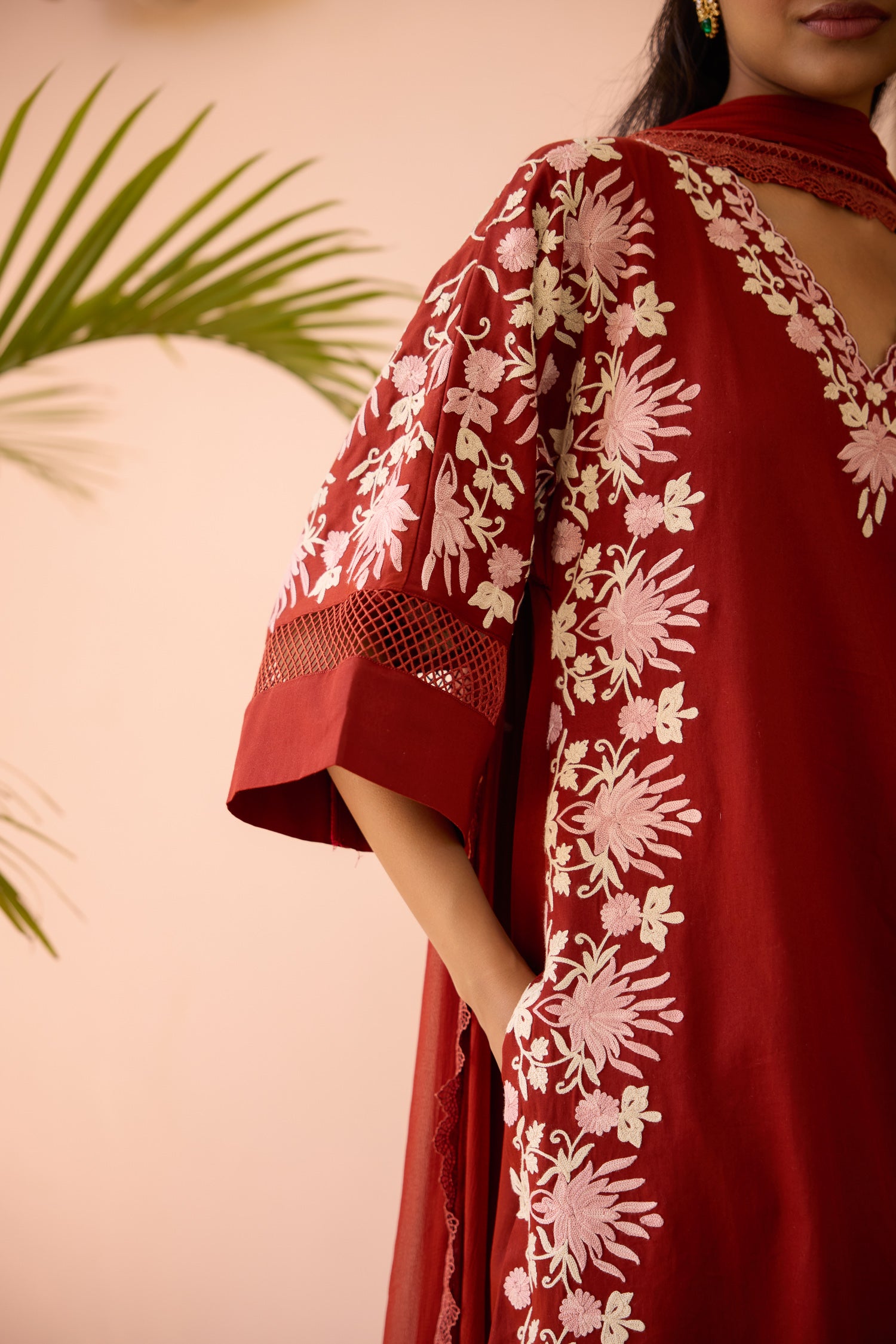 Ember Aari Cotton Kaftaan Kurta Set with Straight Pants