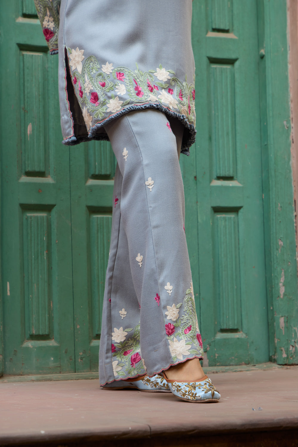 Cloud Blue Pashmina Wool Kurta Set With Booti Embroidered Pants