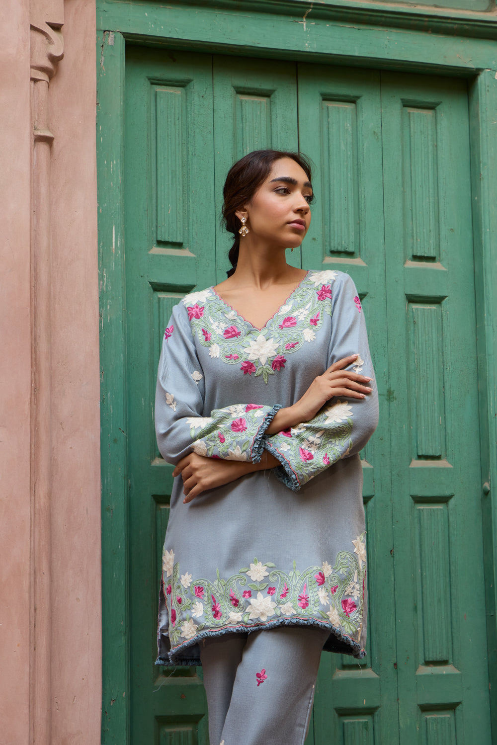 Cloud Blue Pashmina Wool Kurta Set With Booti Embroidered Pants