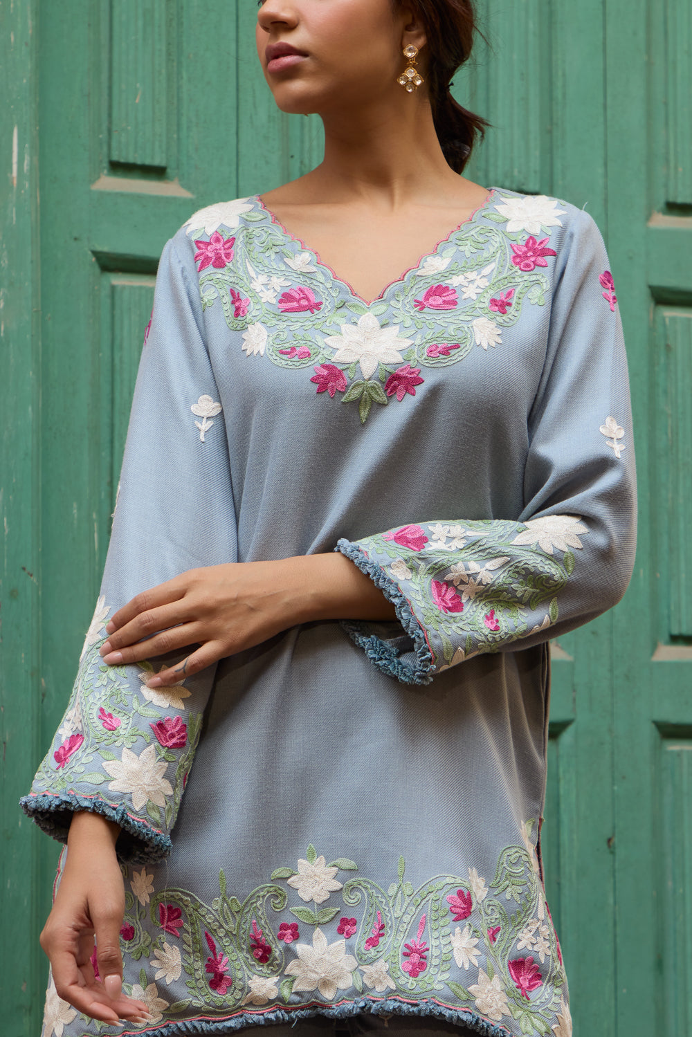 Cloud Blue Pashmina Wool Kurta Set With Booti Embroidered Pants