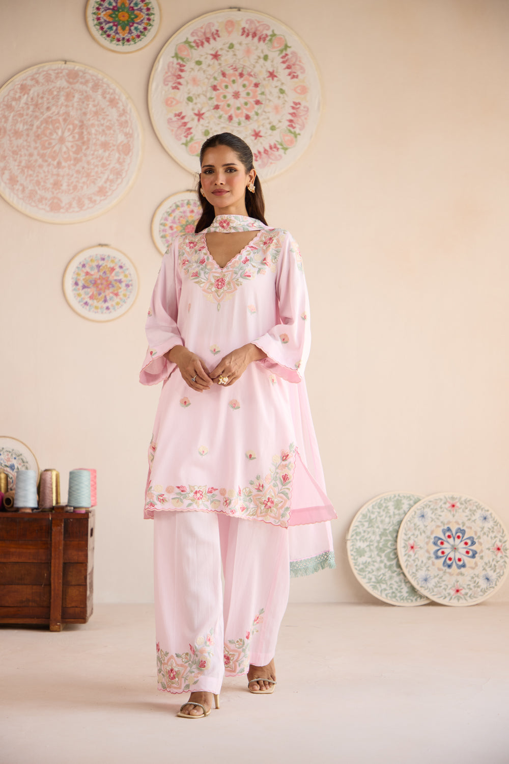 Roohi Pink Cotton Aari Kurta Set with Wide Palazzo and Pleat Dupatta