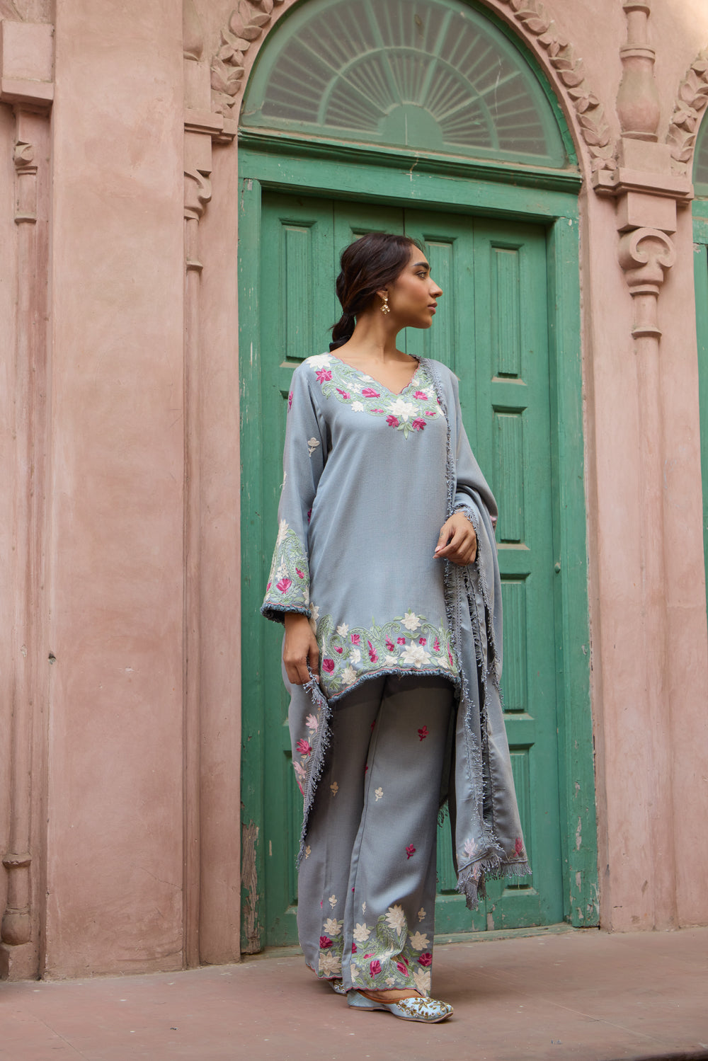 Cloud Blue Pashmina Wool Kurta Set With Booti Embroidered Pants