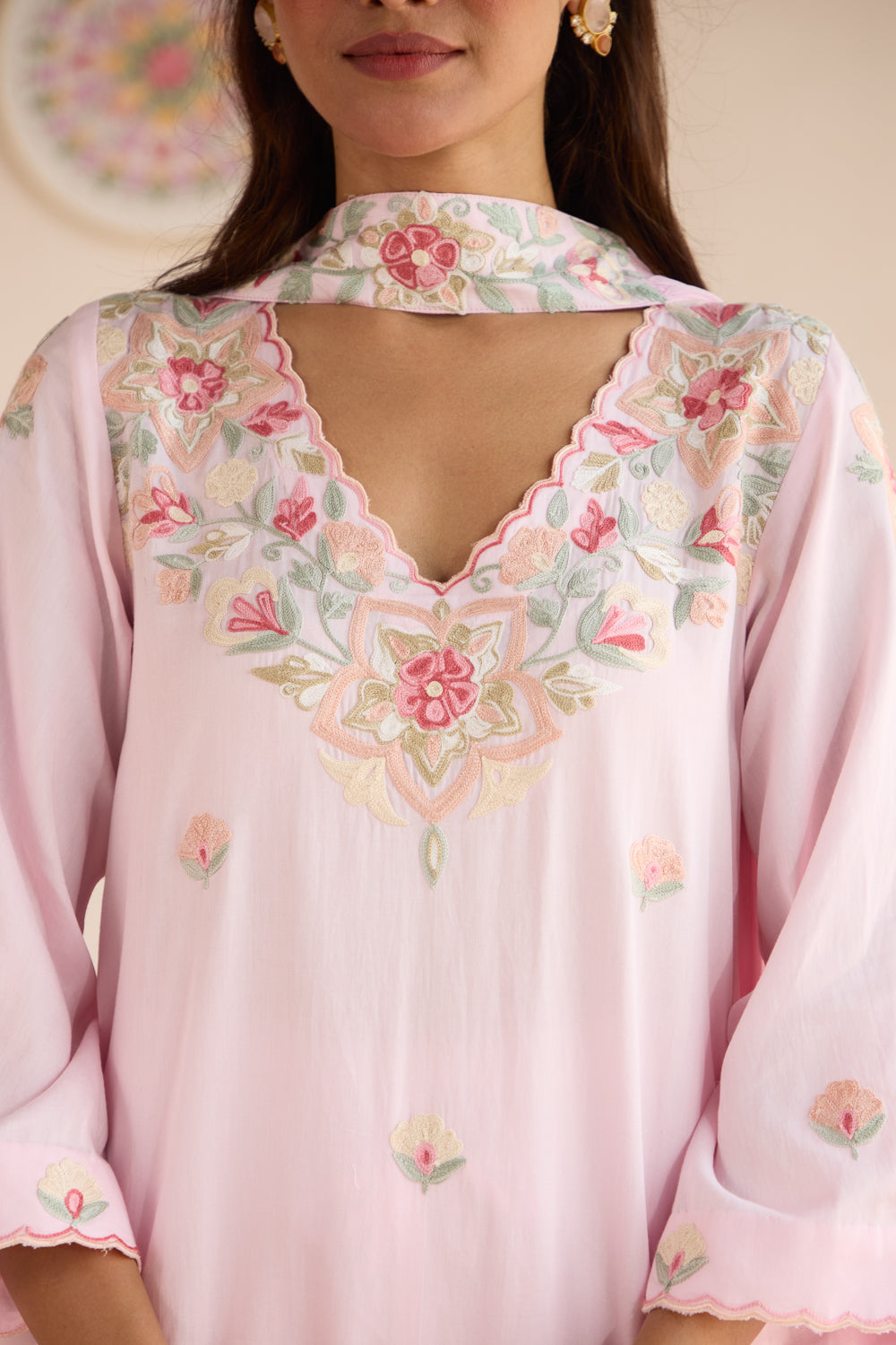 Roohi Pink Cotton Aari Kurta Set with Wide Palazzo and Pleat Dupatta
