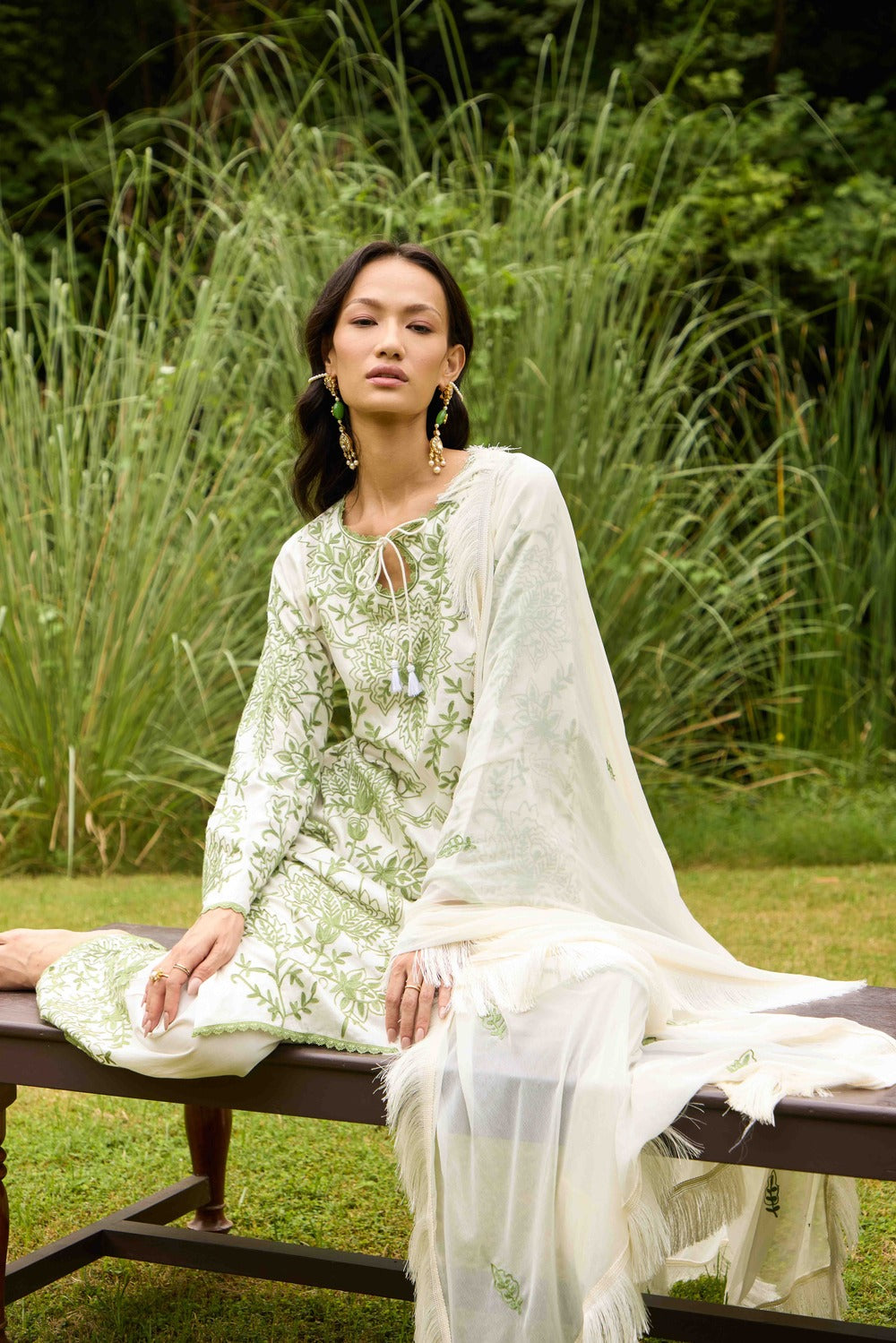 Ivory Olive Noor Cotton Kurta Set with Embroidered Flared Pants