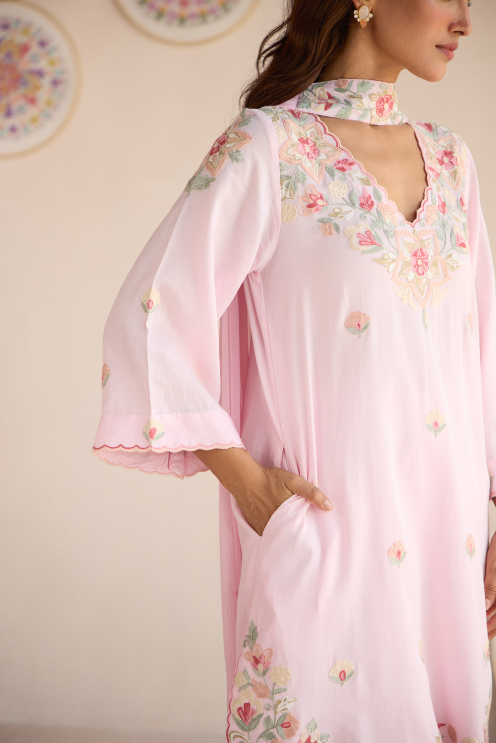 Roohi Pink Cotton Aari Kurta Set with Wide Palazzo and Pleat Dupatta