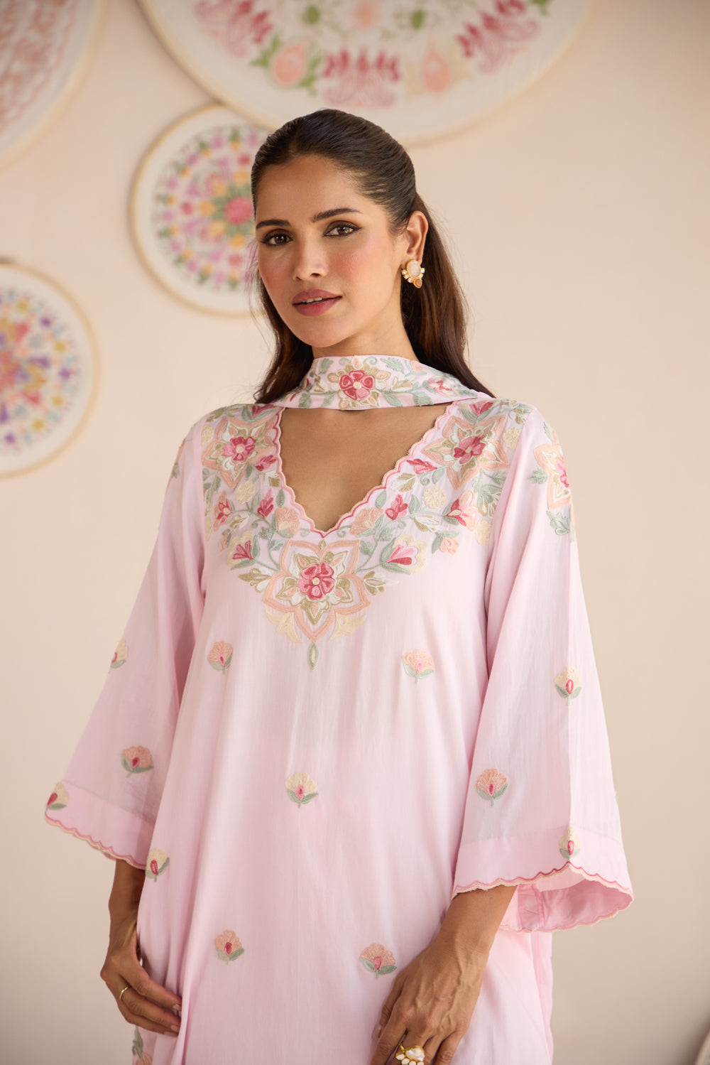 Roohi Pink Cotton Aari Kurta Set with Wide Palazzo and Pleat Dupatta
