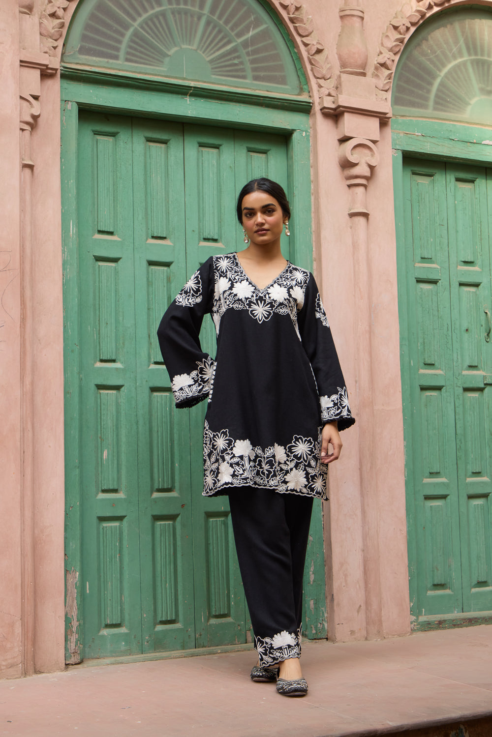 Black & White Pashmina Wool Kurta Set