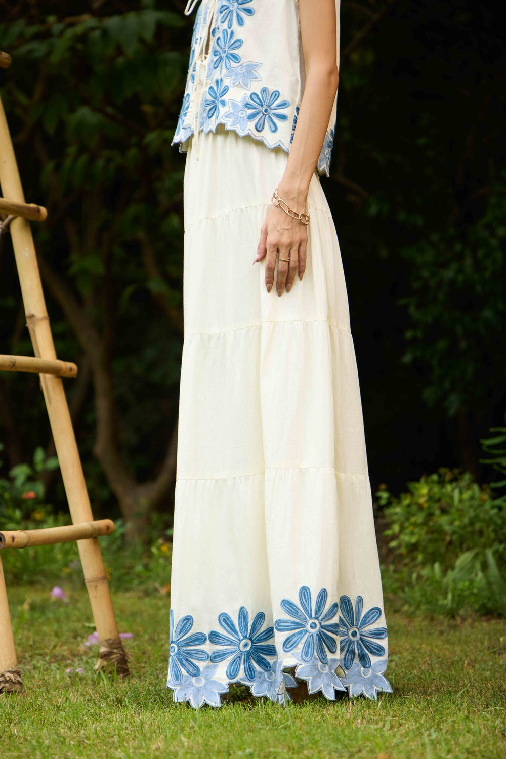 White & Blue Riviera Skirt Set with Embroidered Belt