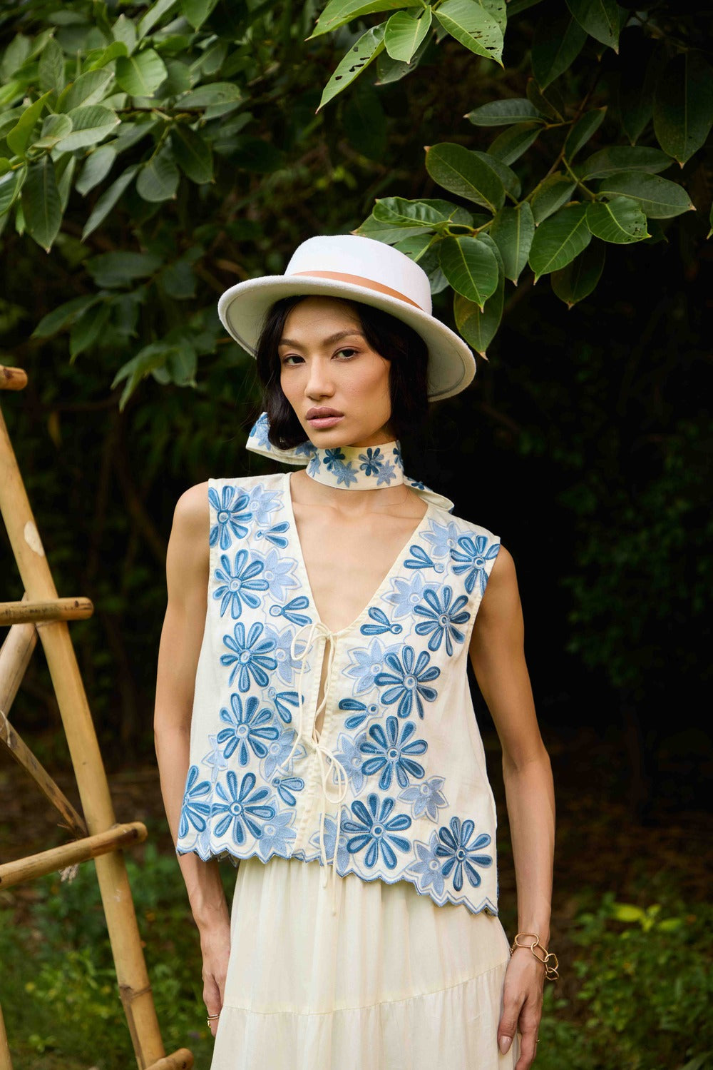 White & Blue Riviera Skirt Set with Embroidered Belt