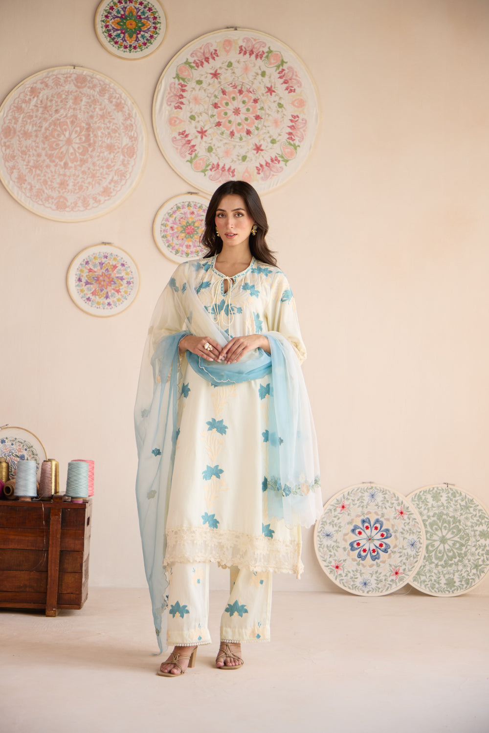 Naksh Cream Cotton Aari Kurta Set with Flared Pants & Ombré Organza Dupatta