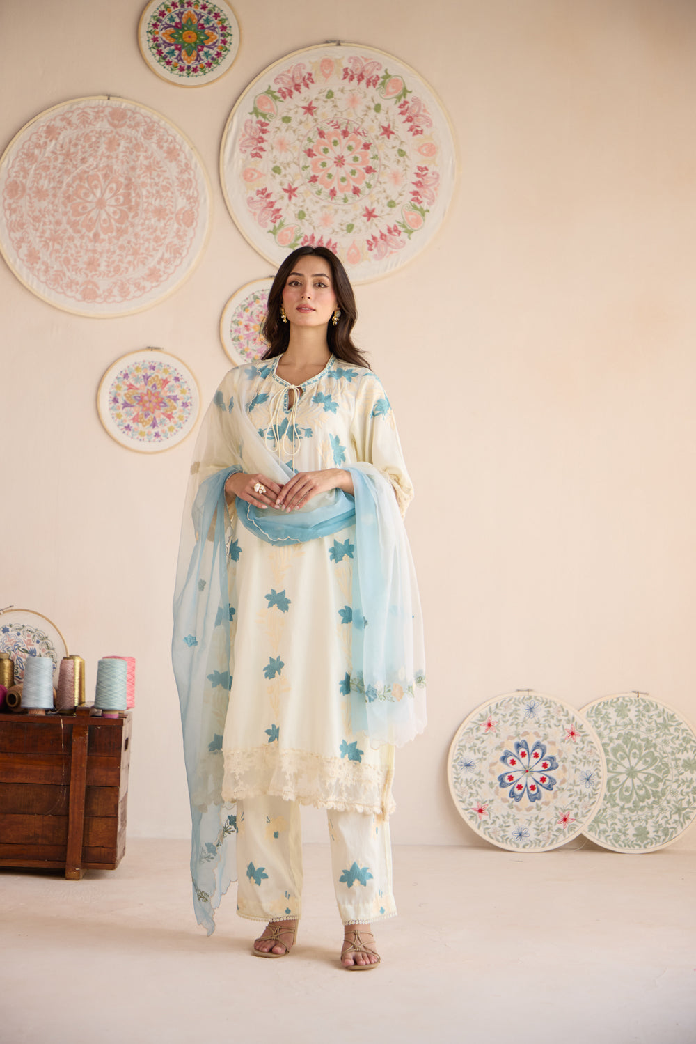 Naksh Cream Cotton Aari Kurta Set with Flared Pants & Ombré Organza Dupatta