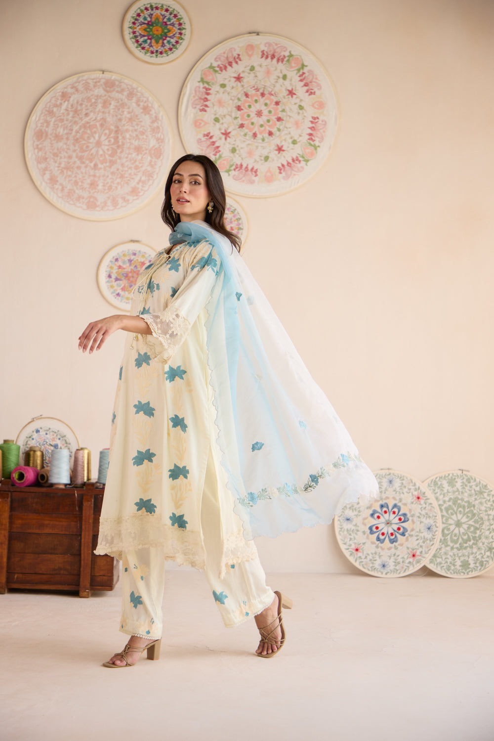 Naksh Cream Cotton Aari Kurta Set with Flared Pants & Ombré Organza Dupatta