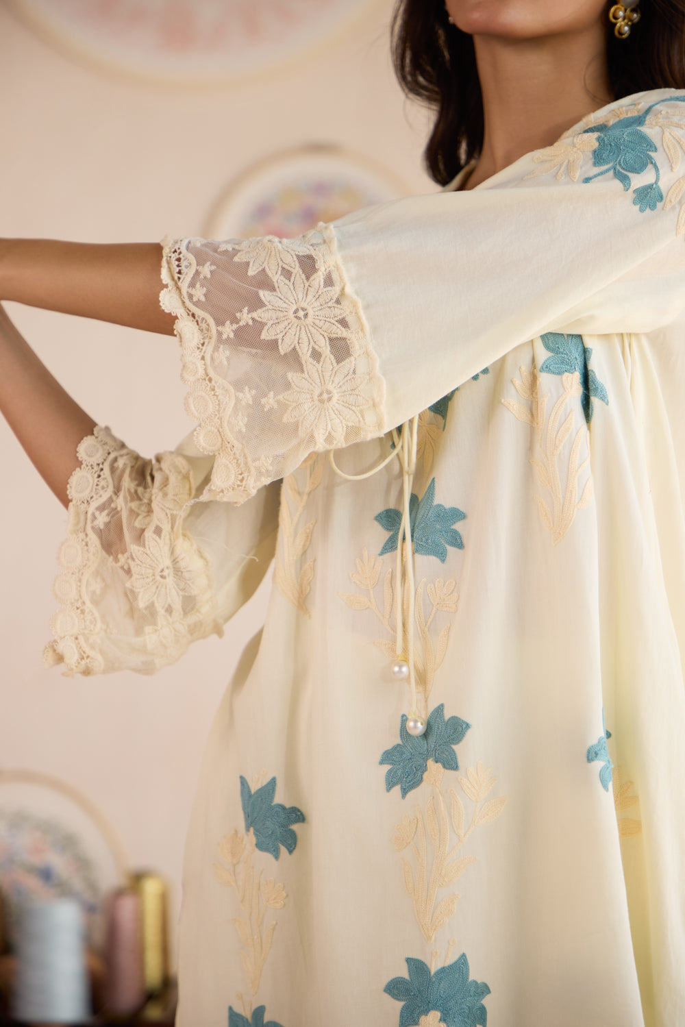 Naksh Cream Cotton Aari Kurta Set with Flared Pants & Ombré Organza Dupatta
