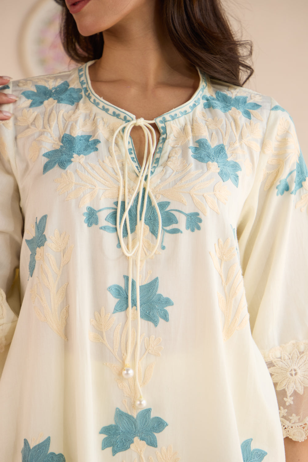 Naksh Cream Cotton Aari Kurta Set with Flared Pants & Ombré Organza Dupatta