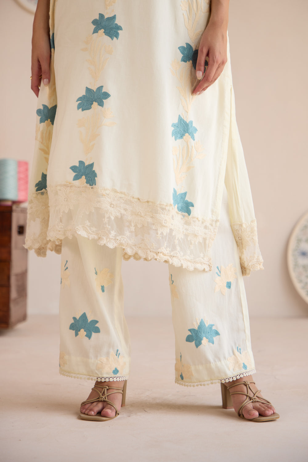 Naksh Cream Cotton Aari Kurta Set with Flared Pants & Ombré Organza Dupatta