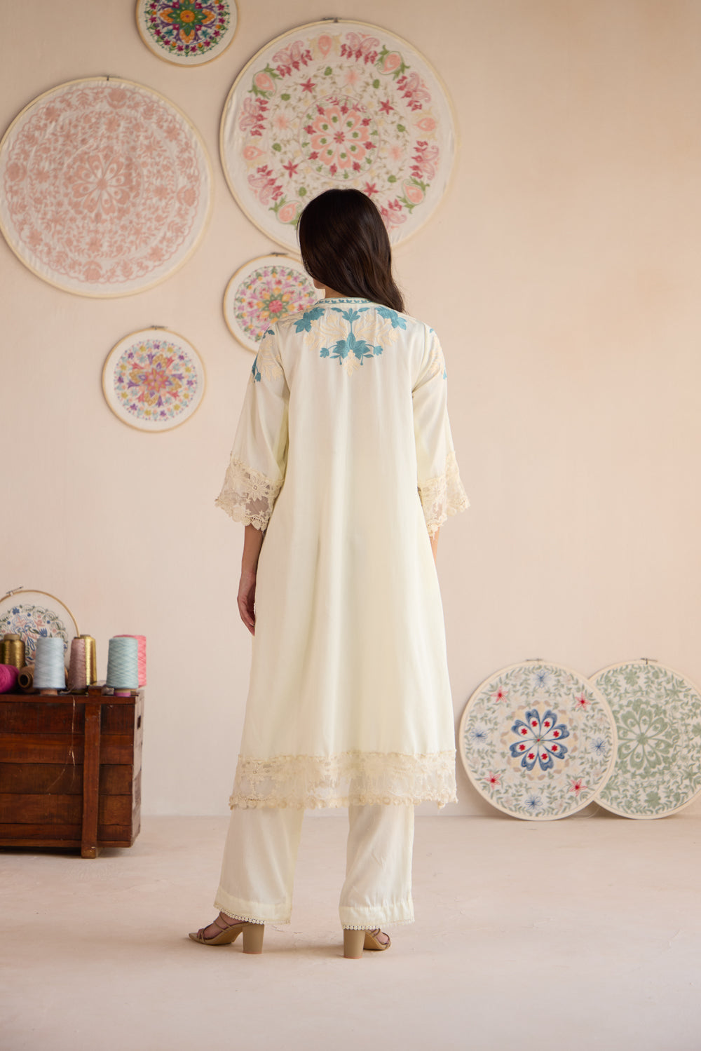 Gul Butter Cream Cotton Aari Pheran Set with Straight Pants and Ombré Organza Dupatta