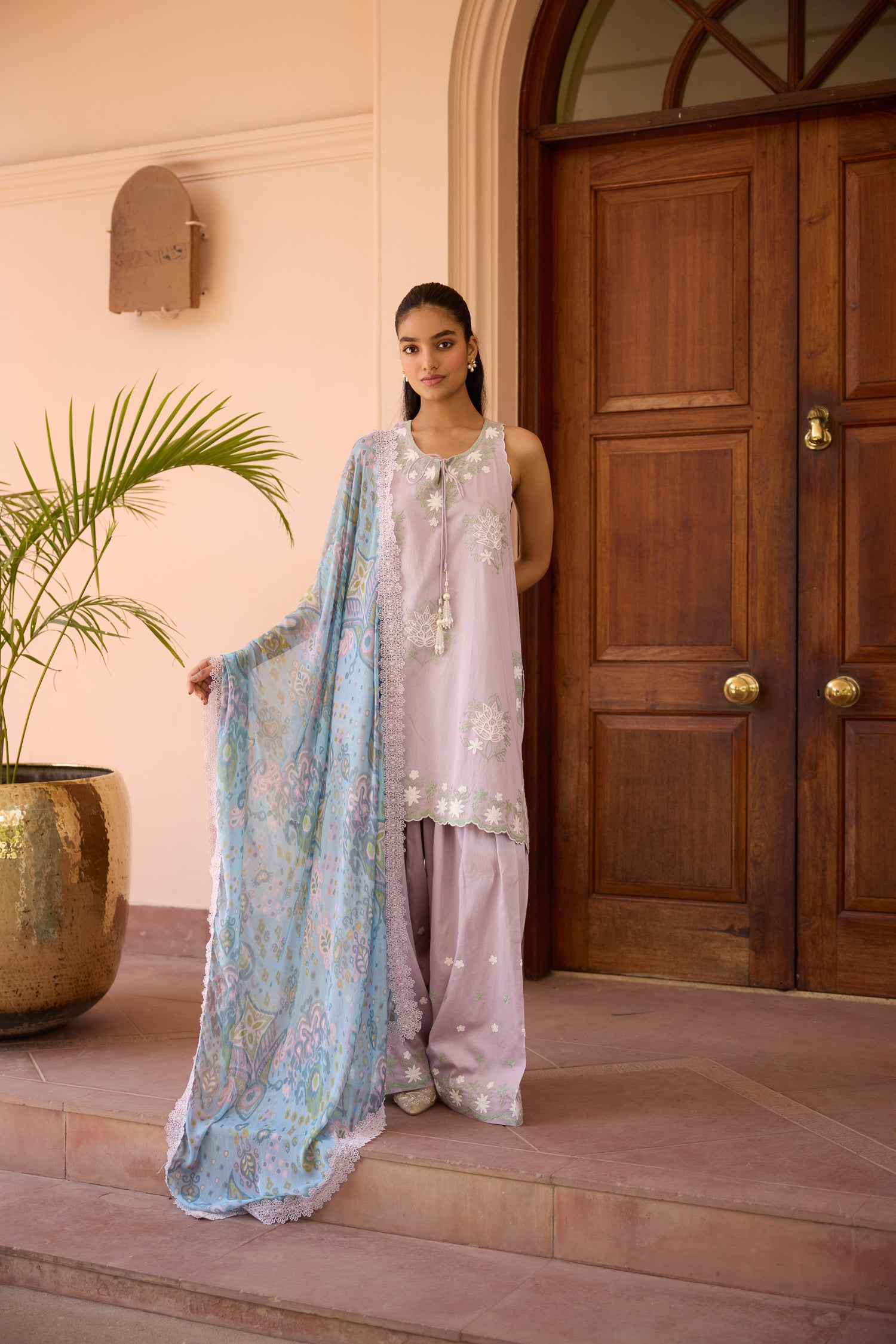 Lavender Wisp Sleeveless Aari Cotton Short Kurta Set with Farshi Salwar