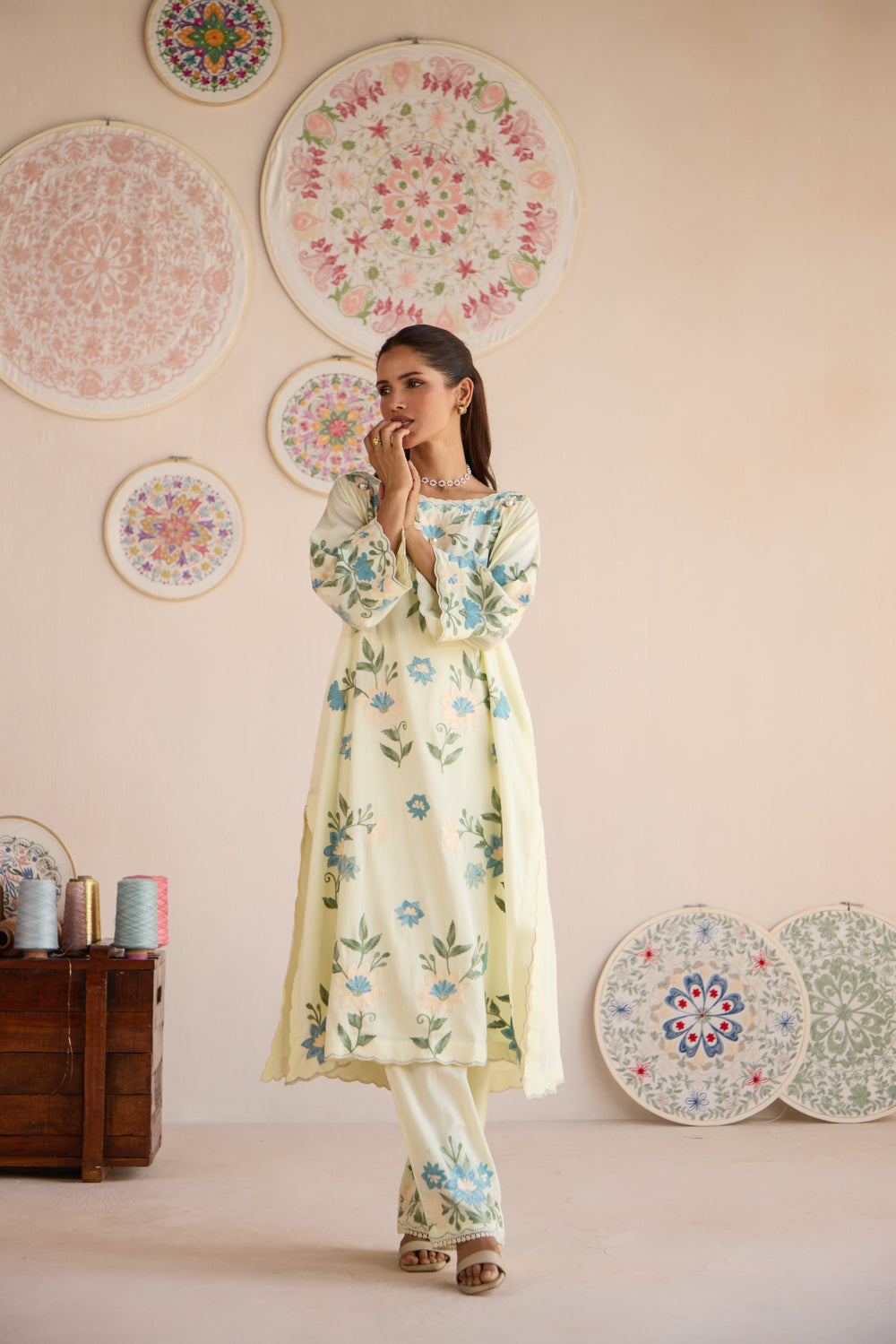 Gul Butter Cream Cotton Aari Pheran Set with Straight Pants and Ombré Organza Dupatta