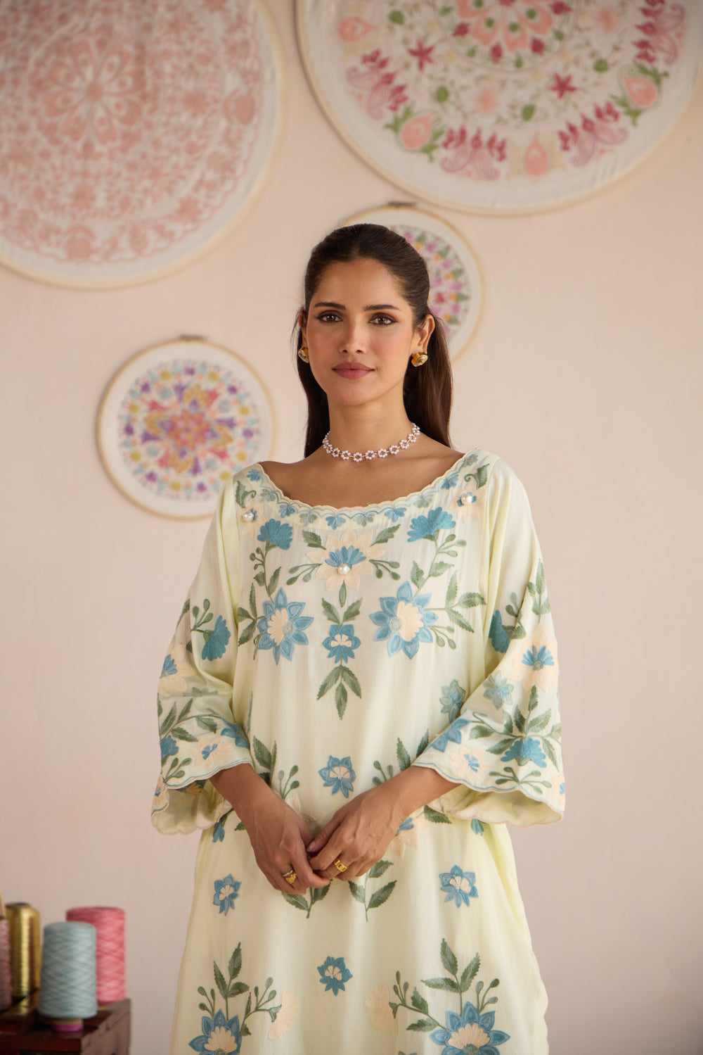 Gul Butter Cream Cotton Aari Pheran Set with Straight Pants and Ombré Organza Dupatta
