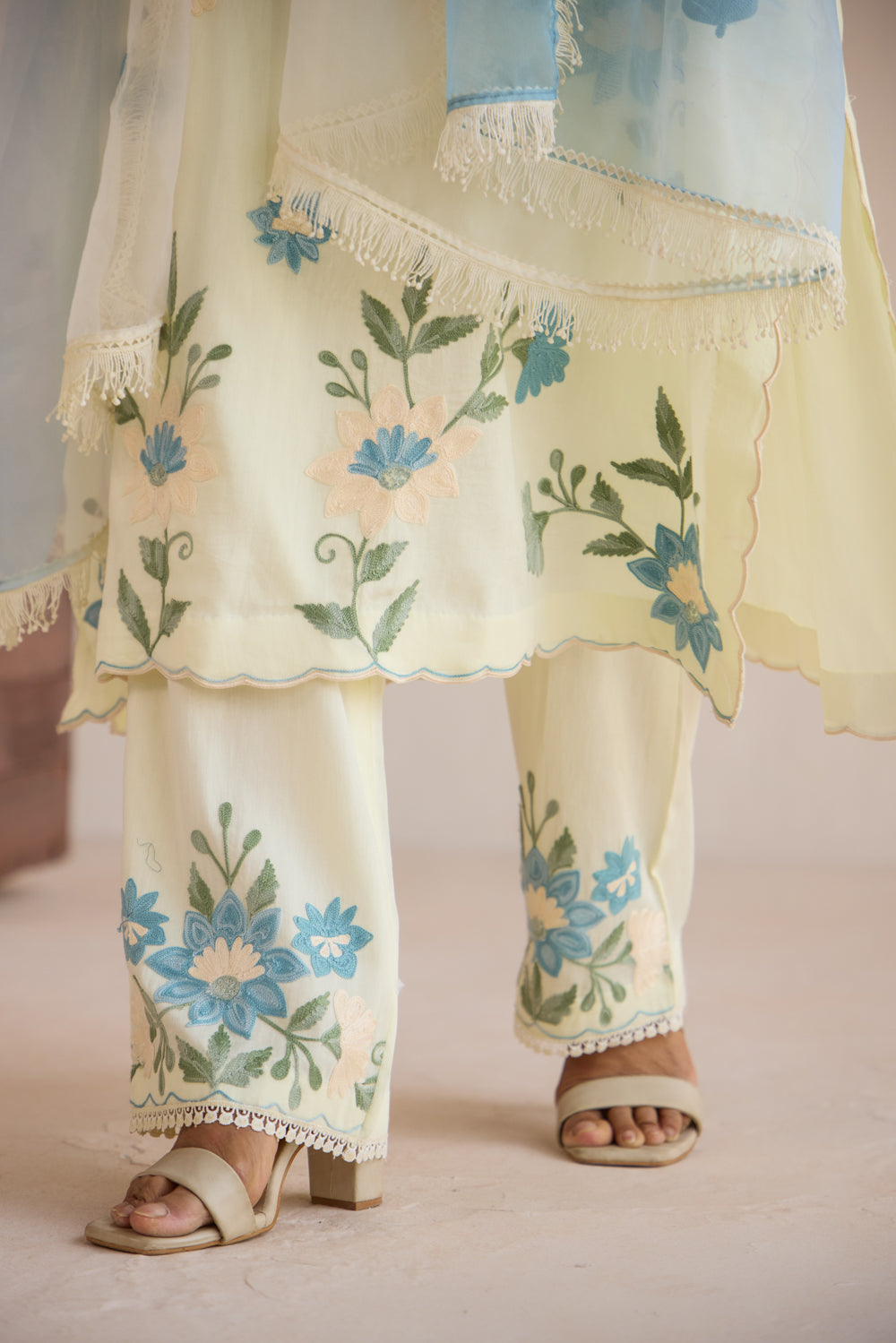Gul Butter Cream Cotton Aari Pheran Set with Straight Pants and Ombré Organza Dupatta