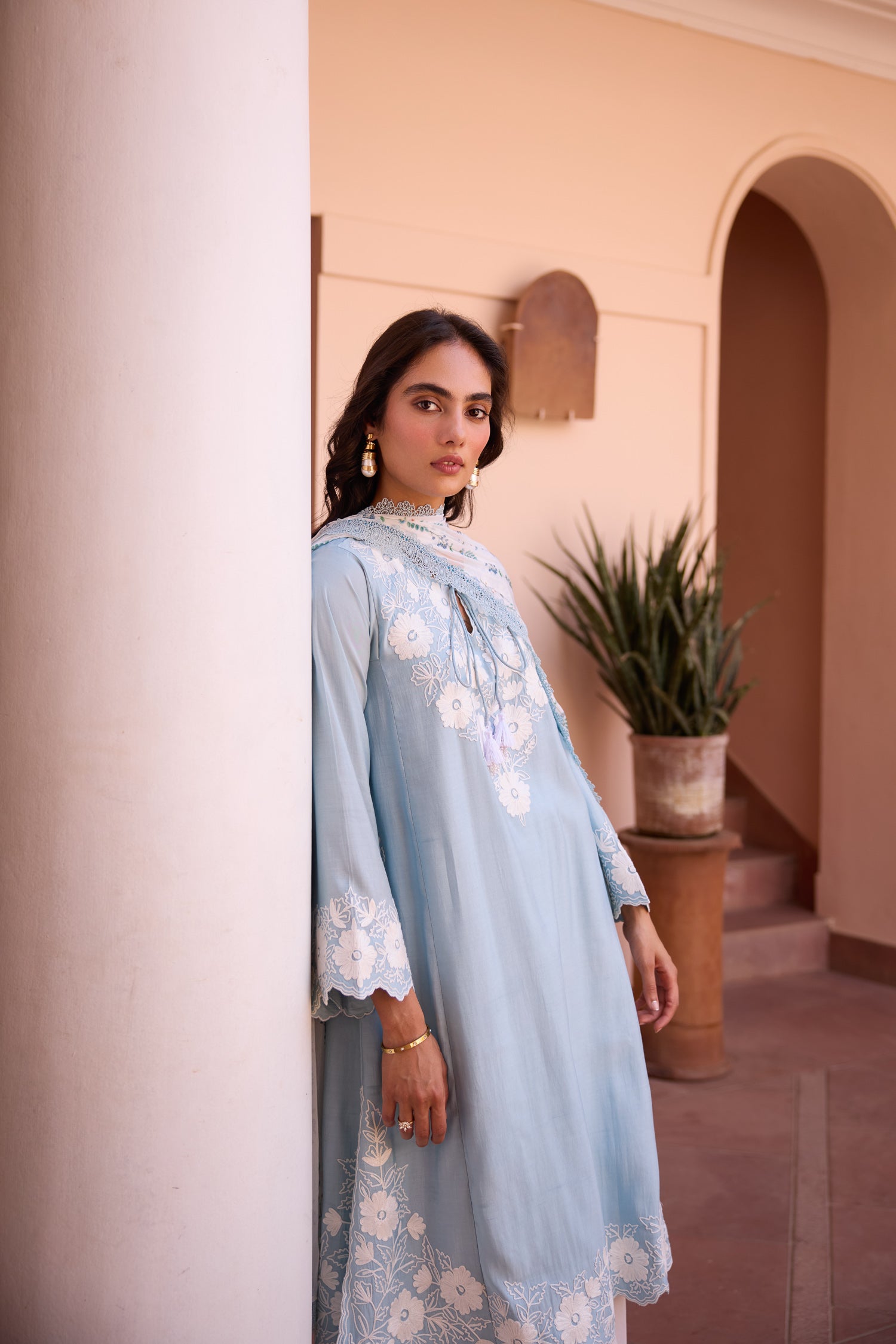Powder Blue Cotton Aari Pheran Set with Straight Pants