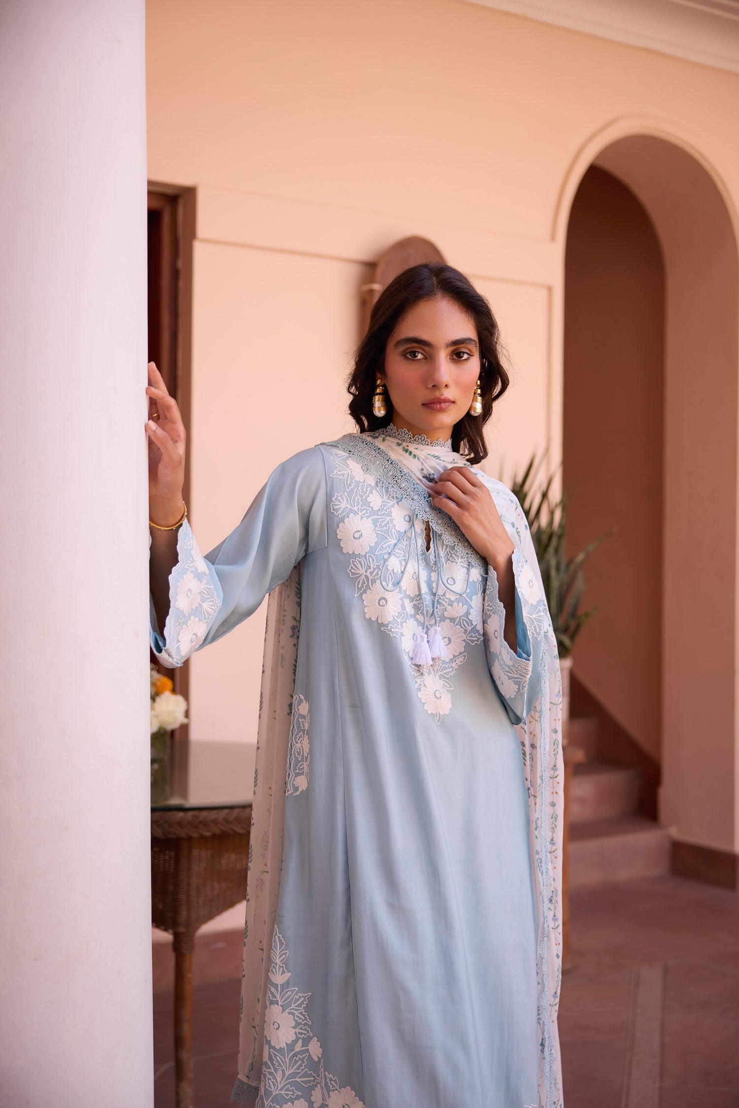 Powder Blue Cotton Aari Pheran Set with Straight Pants