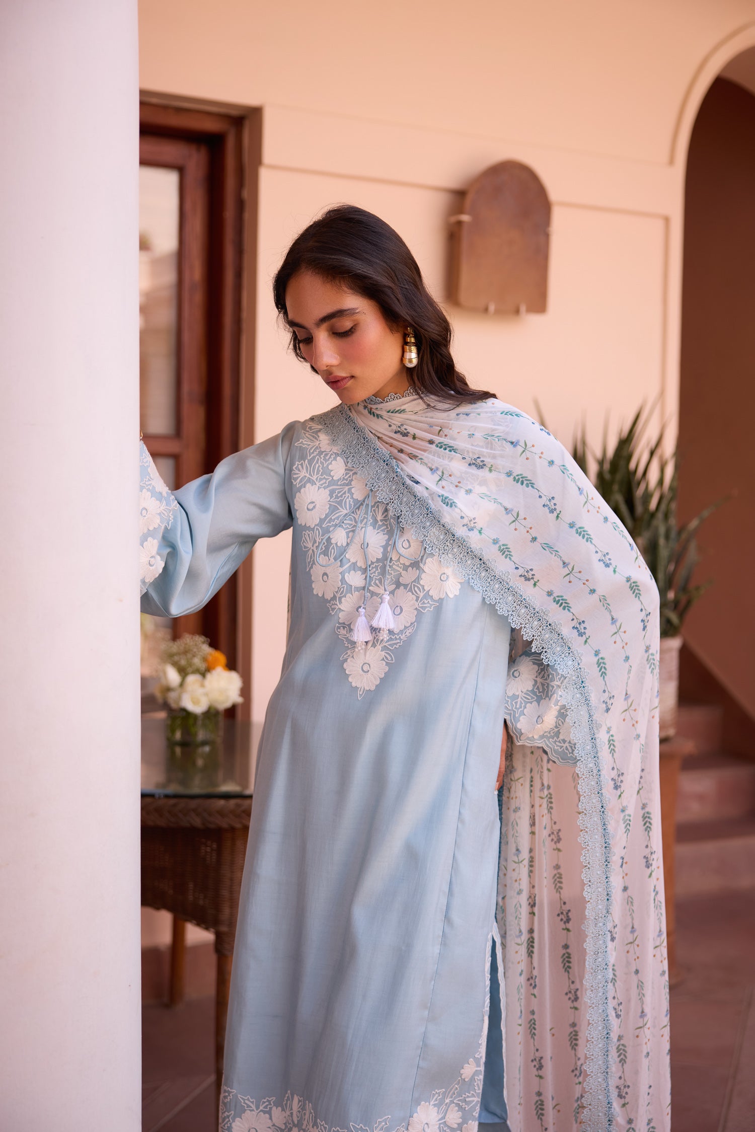 Powder Blue Cotton Aari Pheran Set with Straight Pants