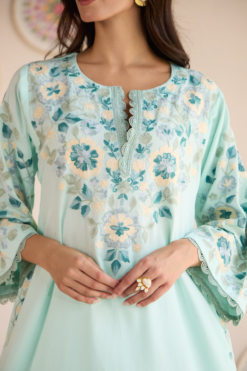 Ziba Sea Blue Cotton Aari Asymmetrical Pheran Set with Flared Pants and Organza Dupatta