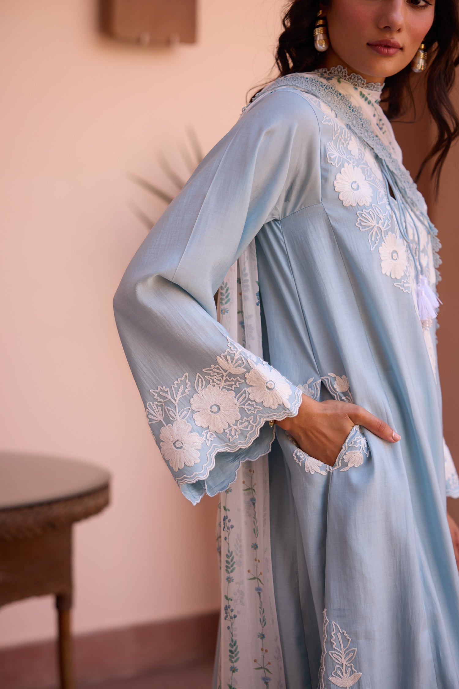 Powder Blue Cotton Aari Pheran Set with Straight Pants