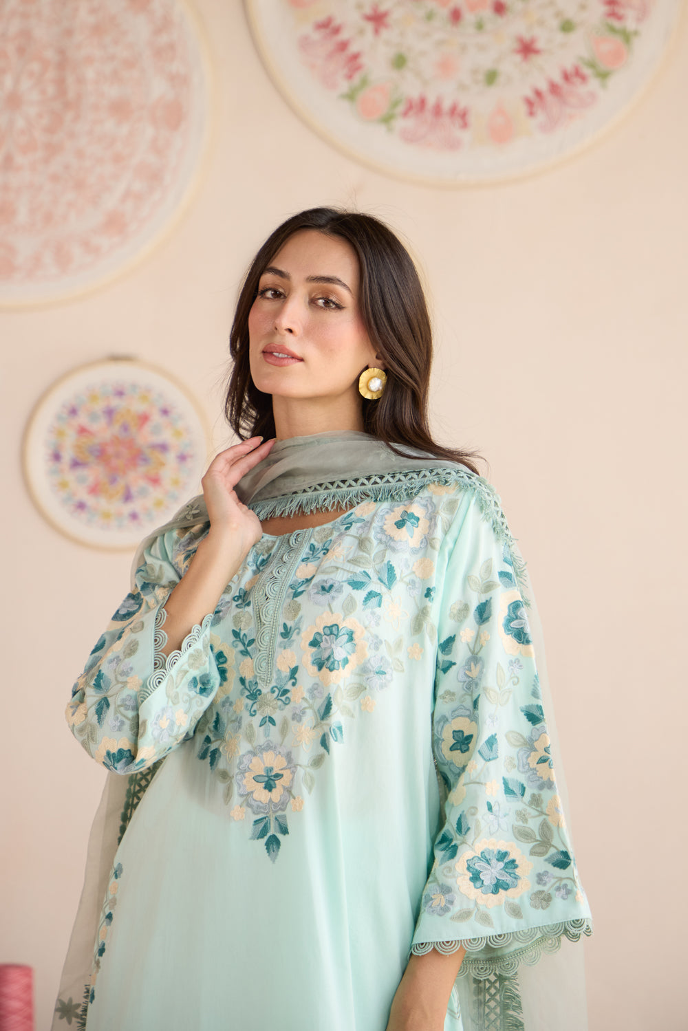 Ziba Sea Blue Cotton Aari Asymmetrical Pheran Set with Flared Pants and Organza Dupatta