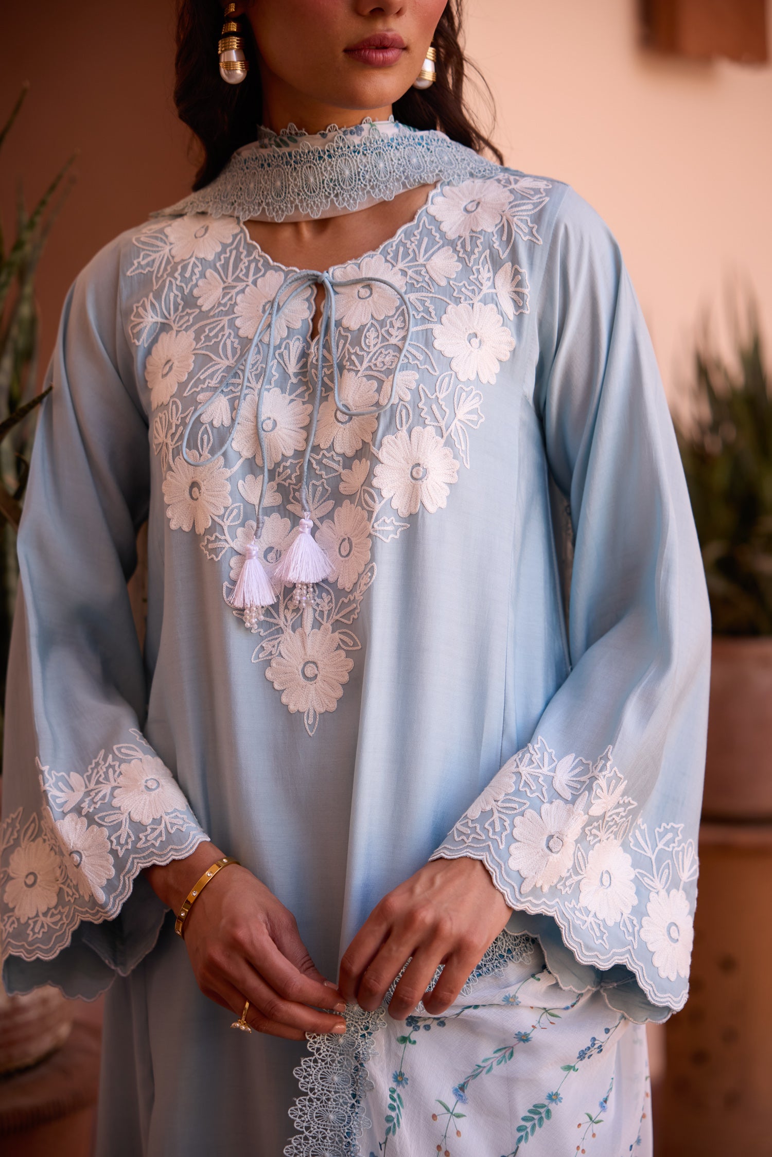 Powder Blue Cotton Aari Pheran Set with Straight Pants