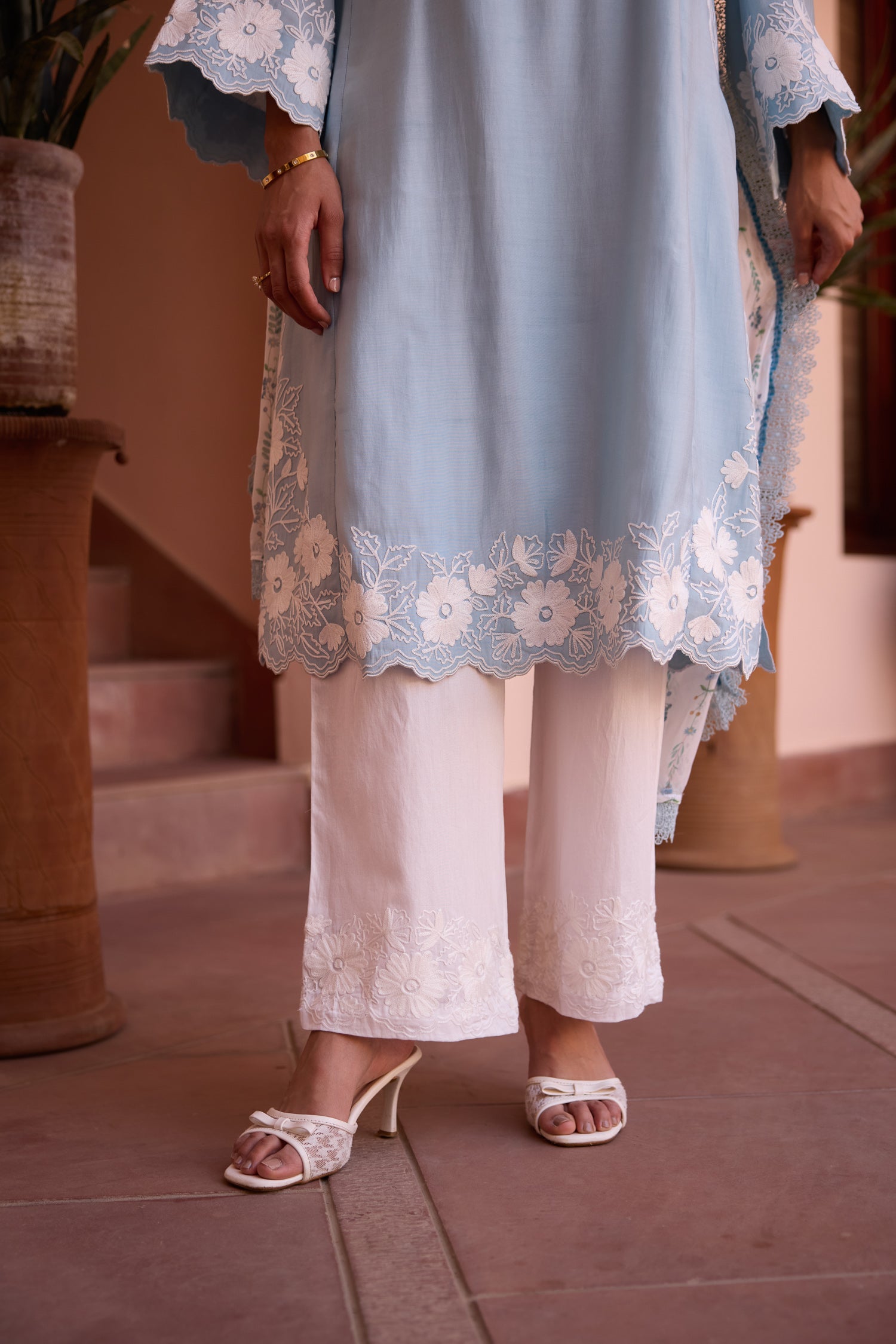 Powder Blue Cotton Aari Pheran Set with Straight Pants