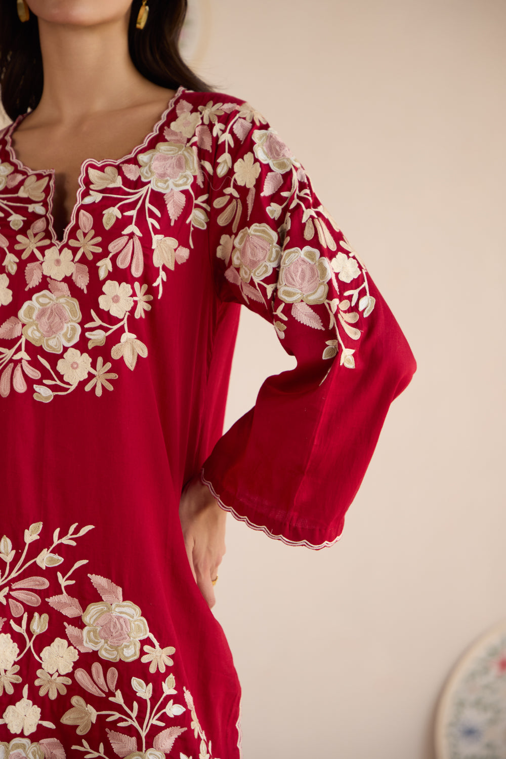 Seher Red Cotton Aari Short Pheran Set with Salwar Pants & Organza Dupatta