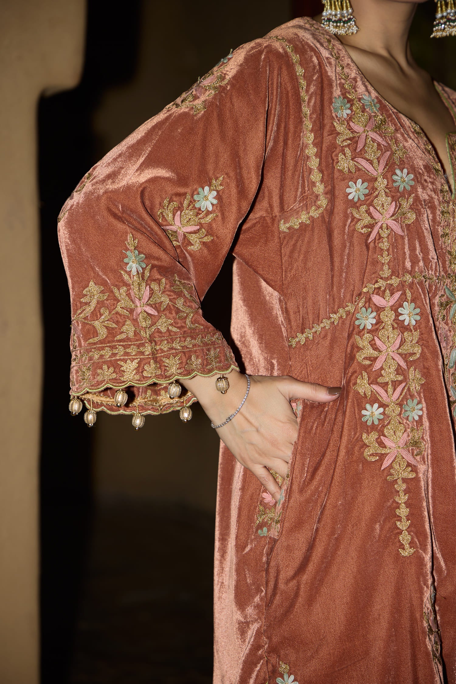 Terracotta Velvet Aari Tilla Short Pheran Set With Tissue Salwar Pants & Embroidered Tissue Dupatta