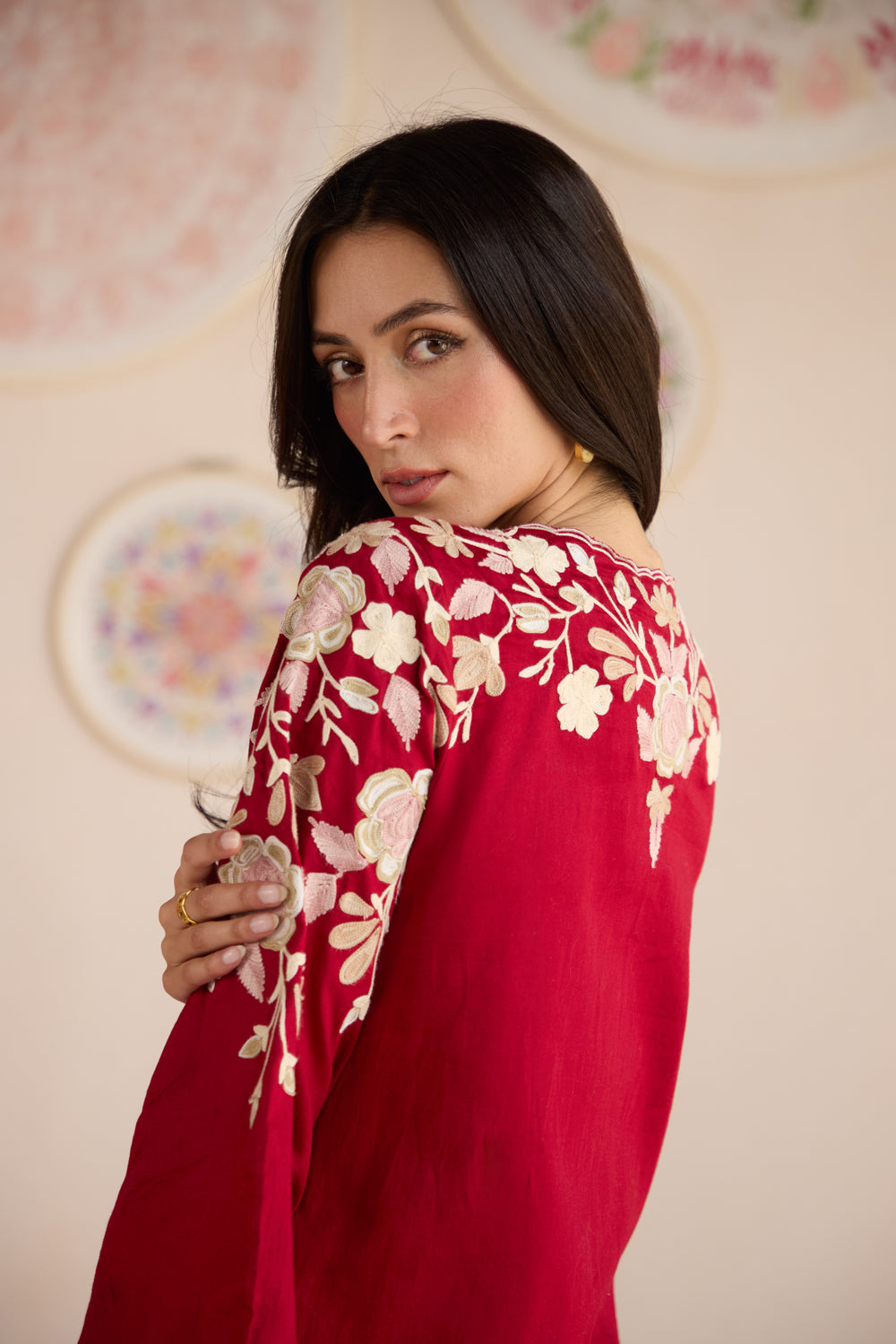 Seher Red Cotton Aari Short Pheran Set with Salwar Pants & Organza Dupatta