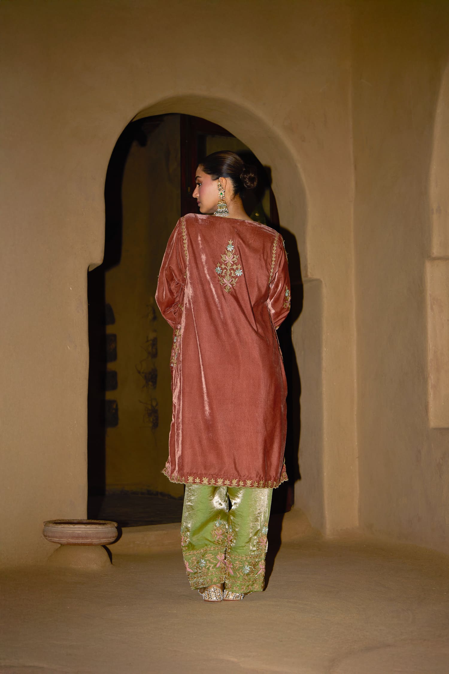 Terracotta Velvet Aari Tilla Short Pheran Set With Tissue Salwar Pants & Embroidered Tissue Dupatta