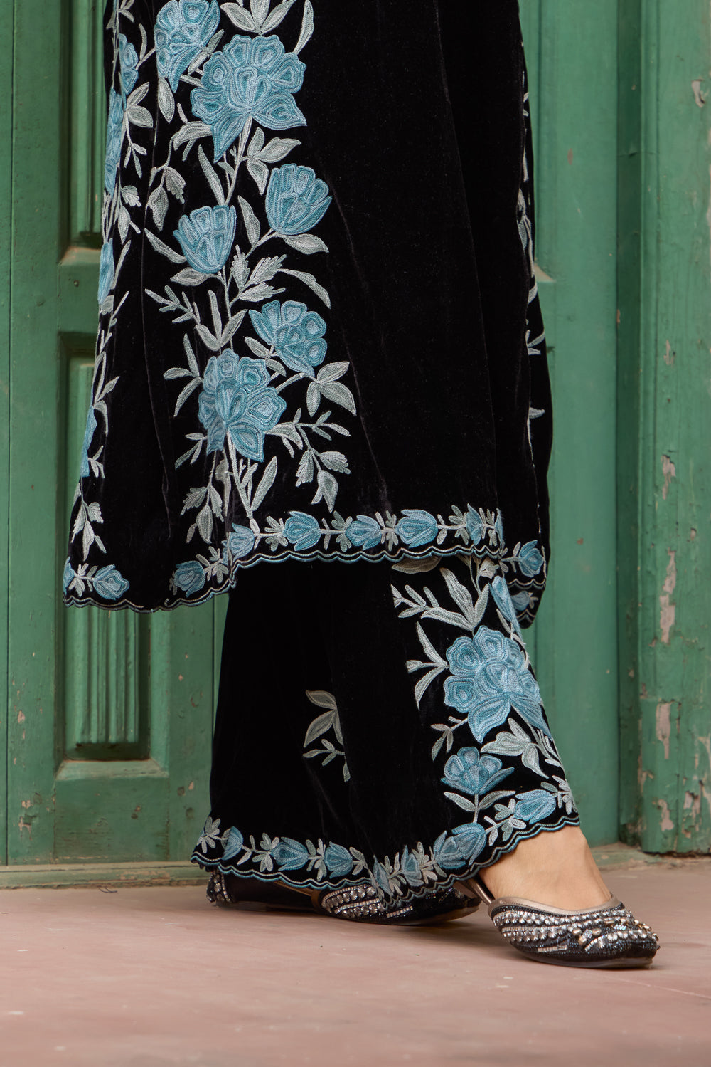 Dariba Black Silk Velvet Pheran Set With Embroidered Flared Pants