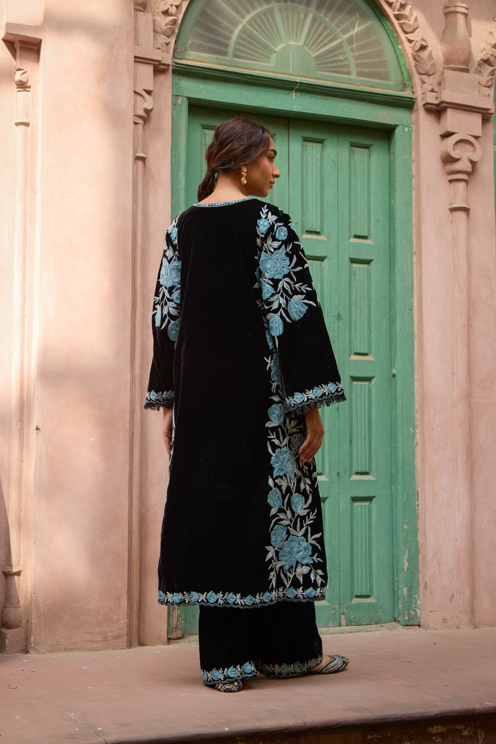 Dariba Black Silk Velvet Pheran Set With Embroidered Flared Pants